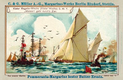 キールウィークレガッタ（クロモリト）中にフィニッシュラインを横切るカイザーのヨット流星 作： Stoewer Willy